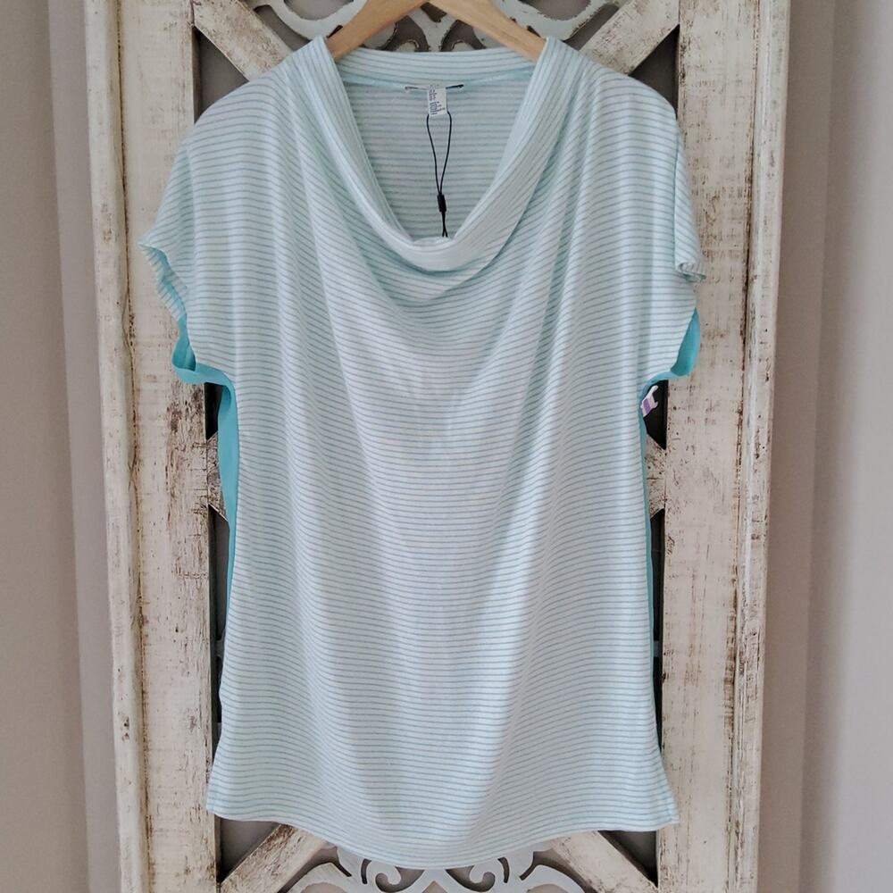 H by Halston Green Stripe Cowl Neck Mixed Media Dolman Top S Minimalist Casual